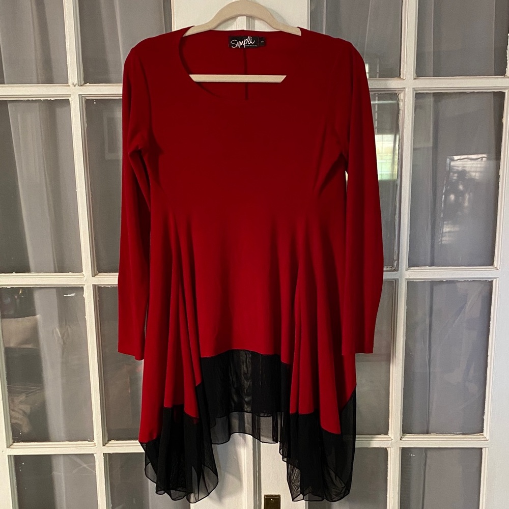 Sympli Red with Black Mesh Asymmetrical Shark Bite Tunic Size 8